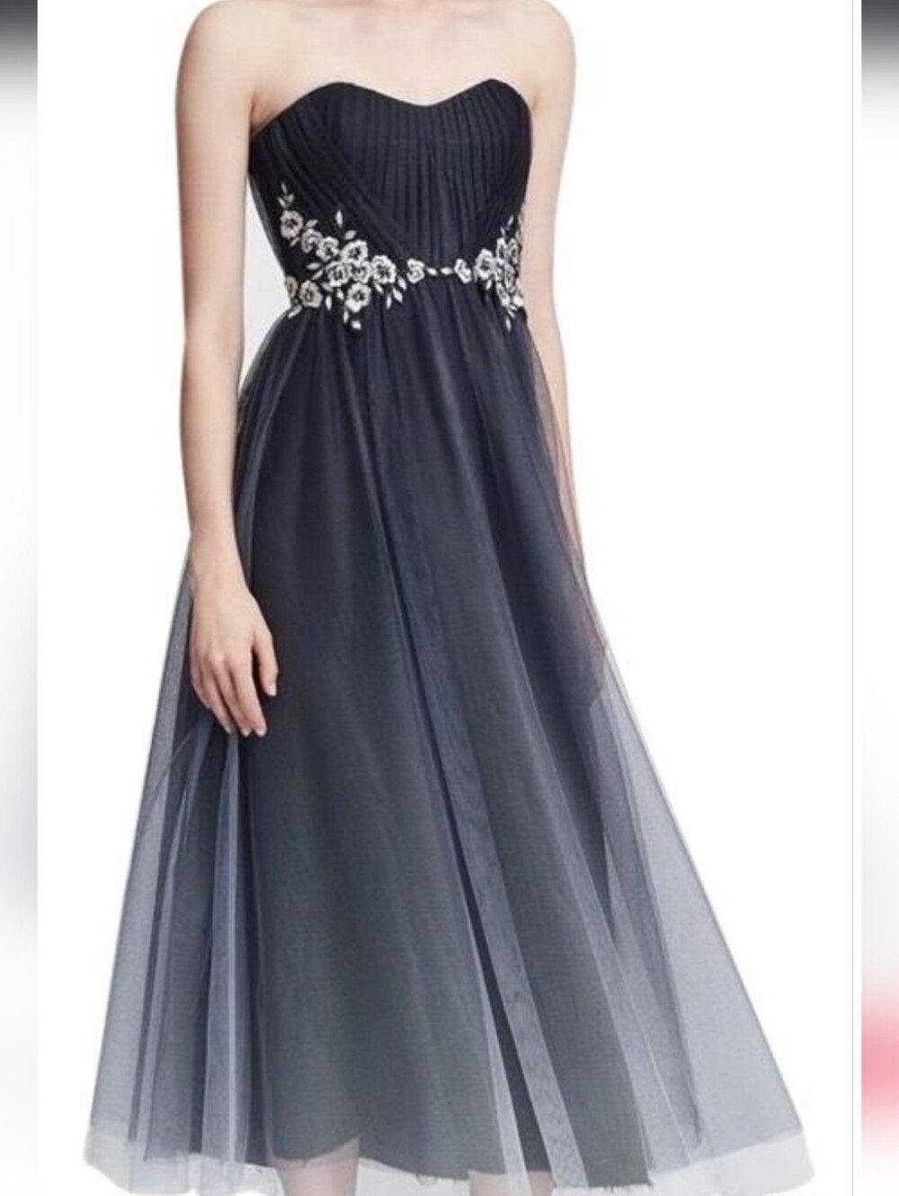 Marchesa NOTTE Strapless Black Tulle Dress Ombre Silver Embellished Floral 10